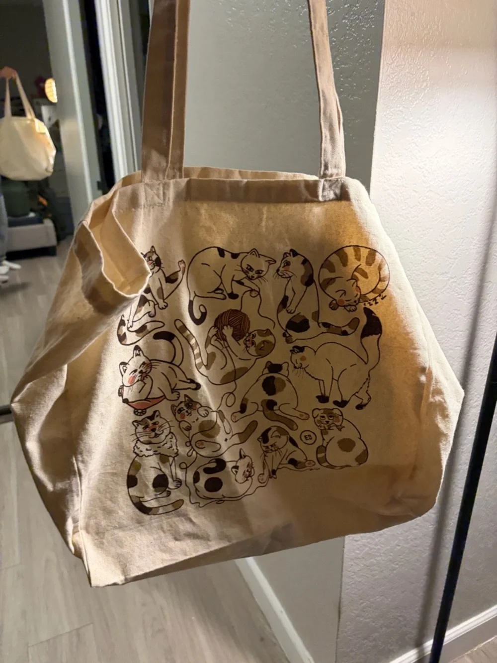 Cream Cat Illustration Tote Bag with Brown and Black Accents